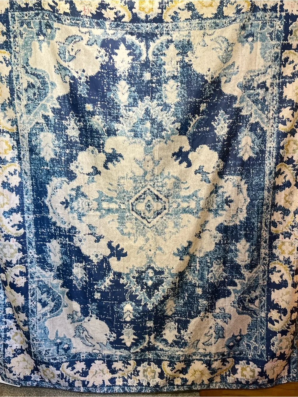 Blue and Cream Vintage-Style Shower Curtain with Distressed Medallion 60Wx 72L